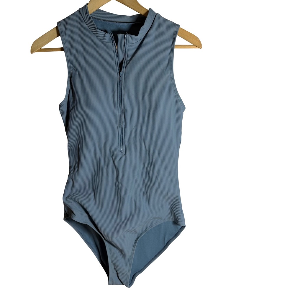 Rad Swim Womens Blue Ribbed Heart Cutout Front Zip‎ One Piece Swimsuit Large